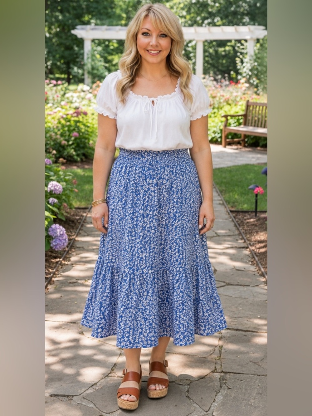 BOGO Outfit Soft White Short-Sleeve Ruffle-Trim Top with Blue Floral Midi Skirt